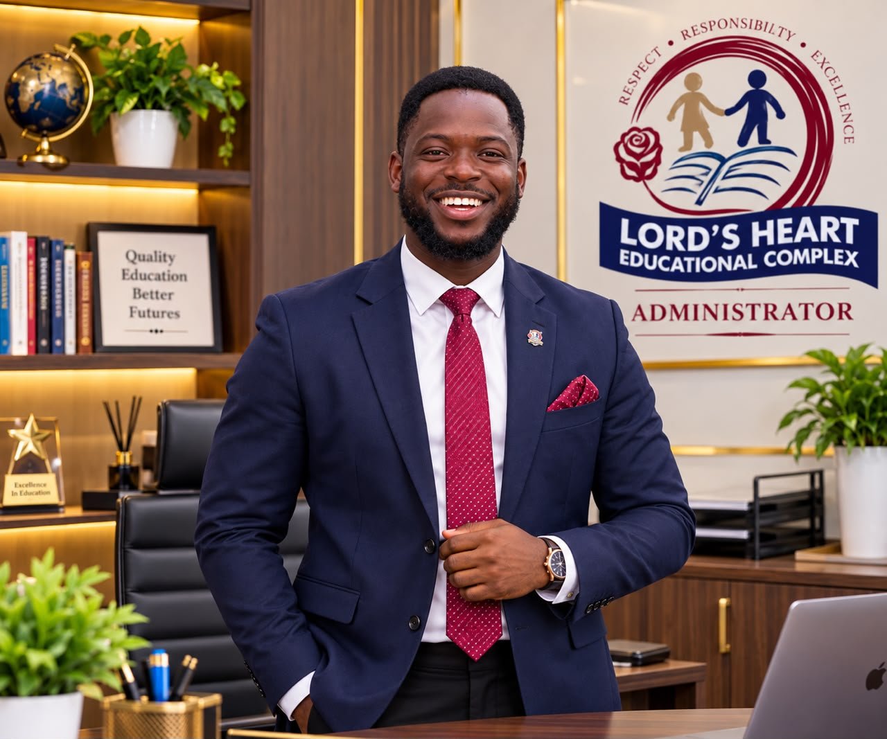 Portrait of the school's administrator standing in an office beside the Lord’s Heart crest