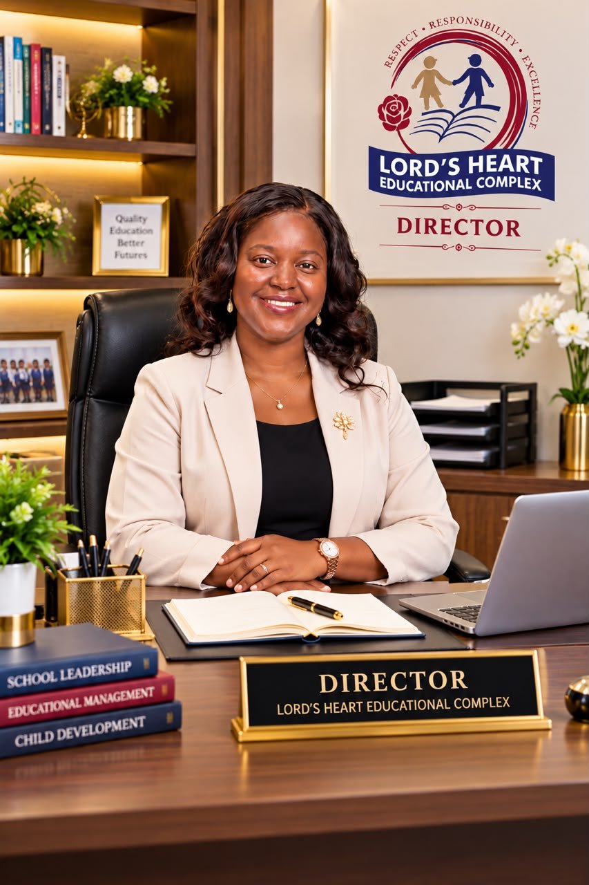 Portrait of the school's director seated at her desk beneath the Lord’s Heart crest