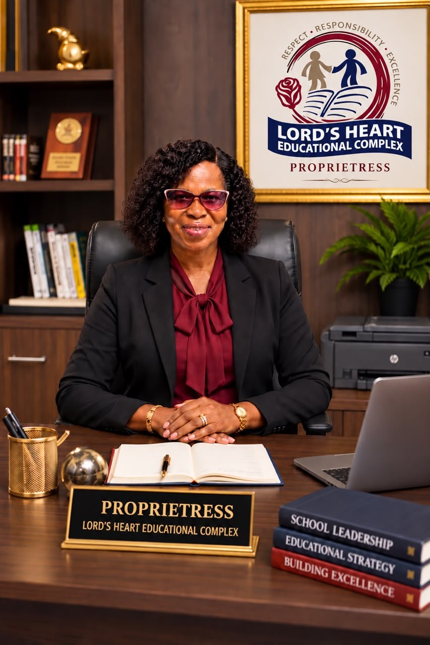 Portrait of the school's proprietress seated at her desk beneath the Lord’s Heart crest